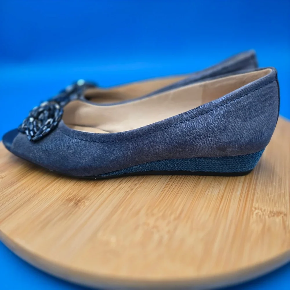Alex Marie Peep Toe Wedge Flats Embellished Blue‎ Suede Women's Size 8.5M